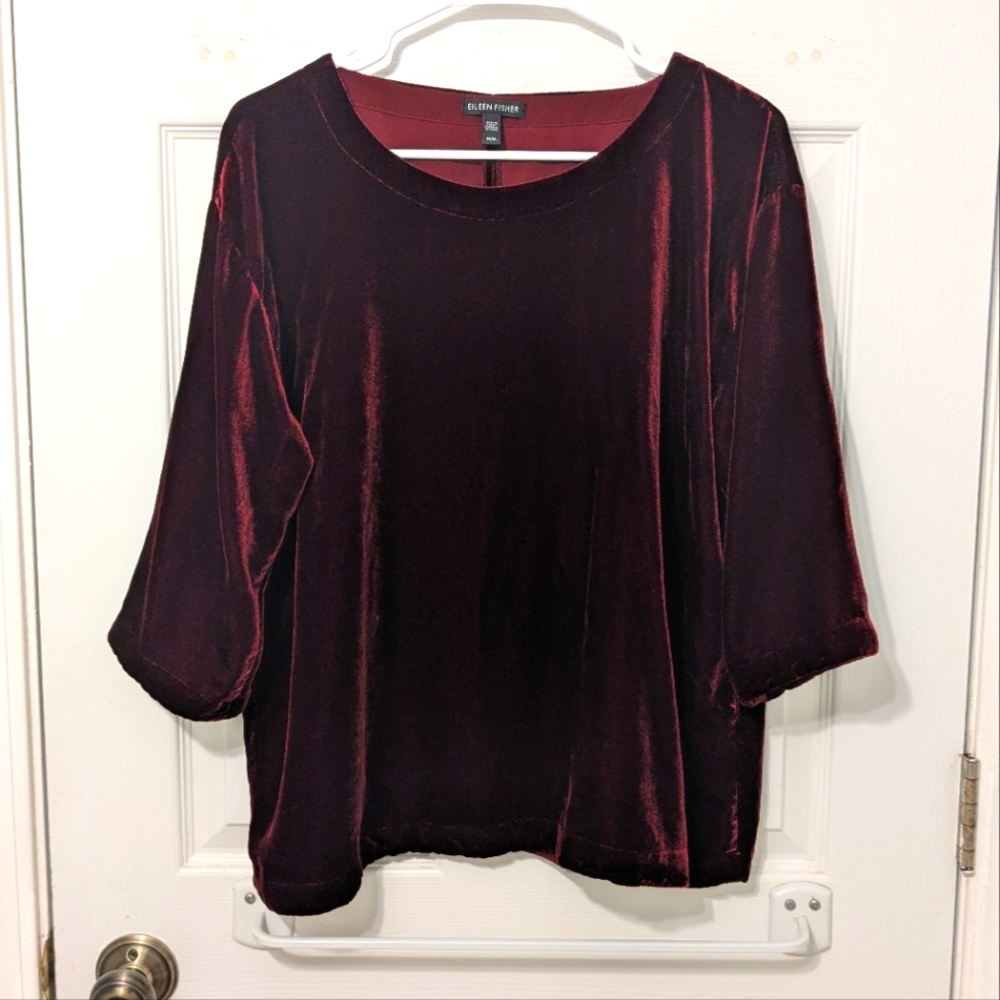 EILEEN FISHER Ballet Neck Velvet 3/4 Sleeve Top in Burgundy Size M - Picture 3 of 7